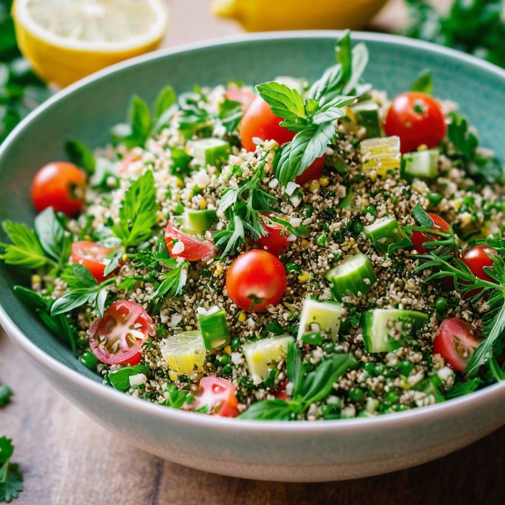 Colorful quinoa tabbouleh in a serving bowl, vibrant green with flecks of red tomato and lemon slices.