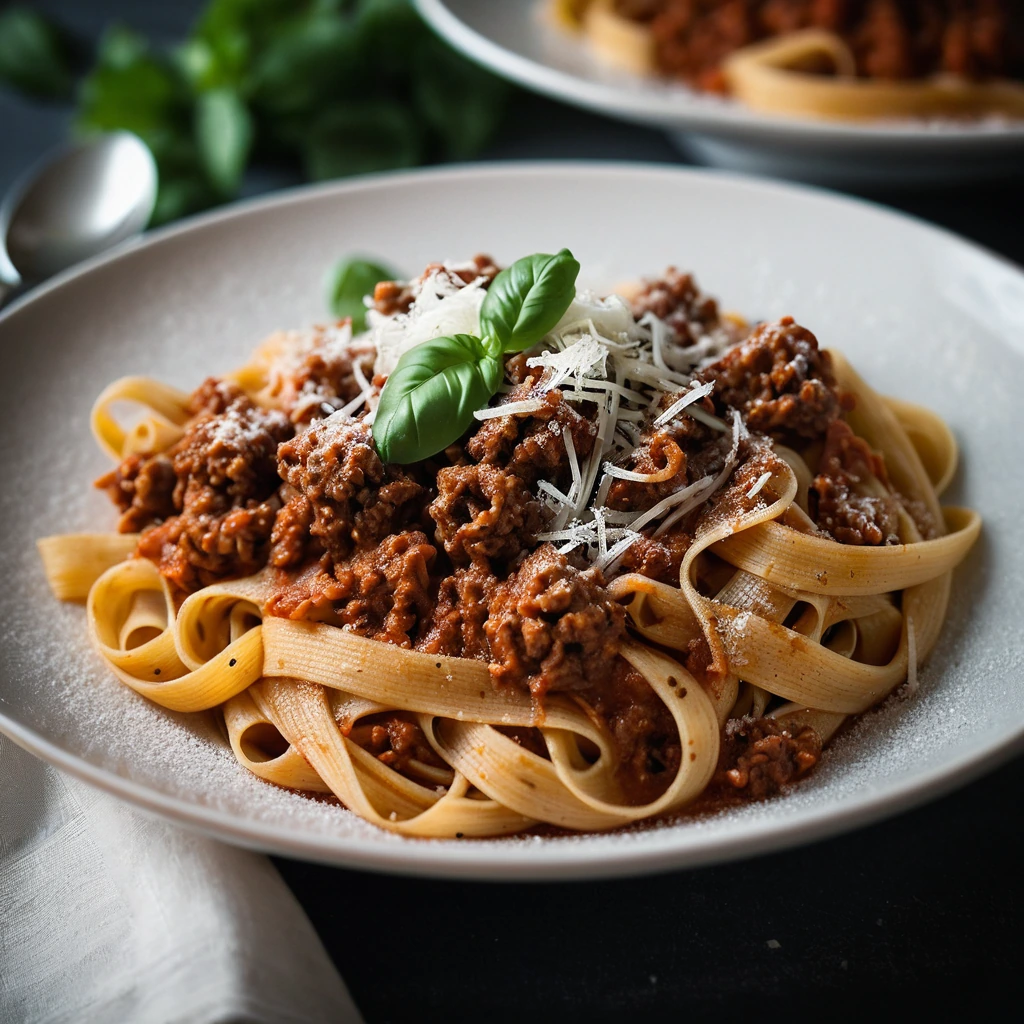 Steaming bowl of tagliatelle pasta drenched in a thick, brown bolognese sauce, garnished with grated Parmesan.