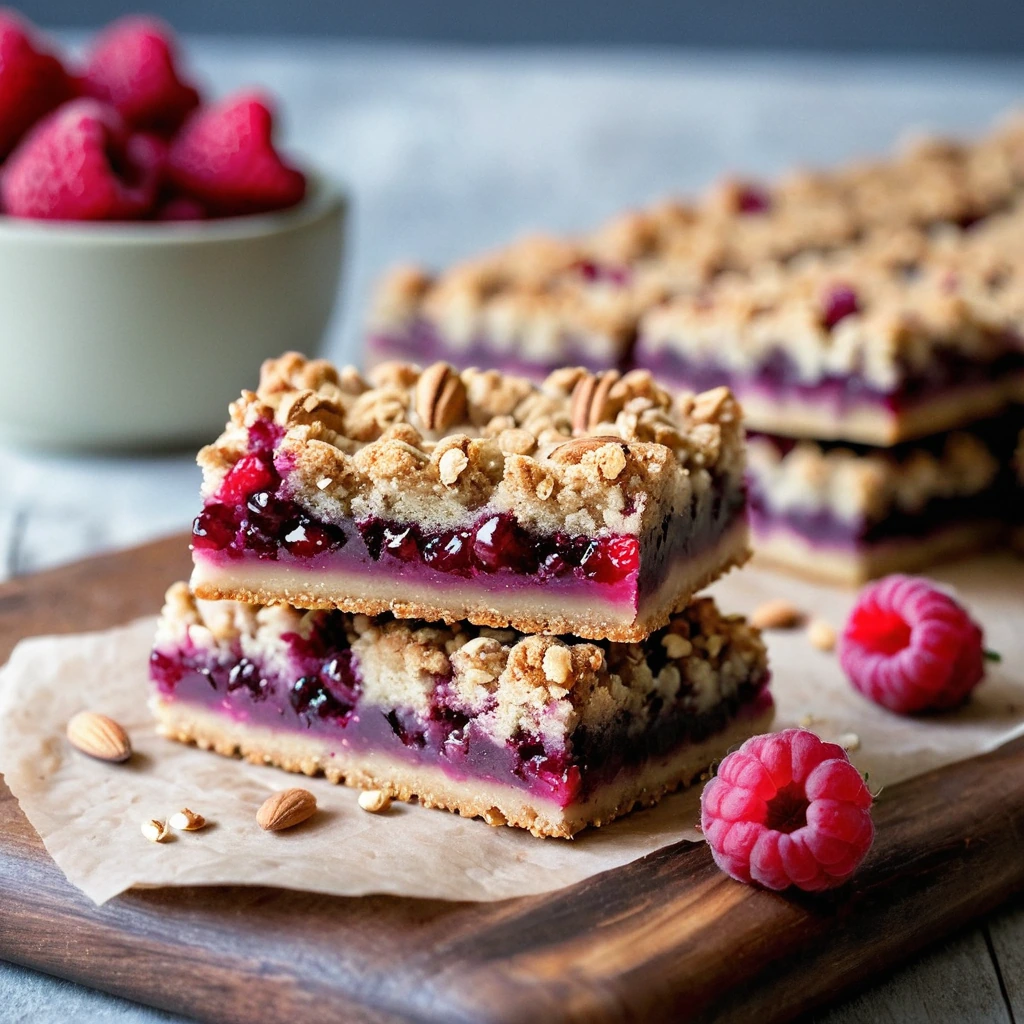 Golden crumb topping over ruby red raspberries in a bar format, served on a rustic wooden board.