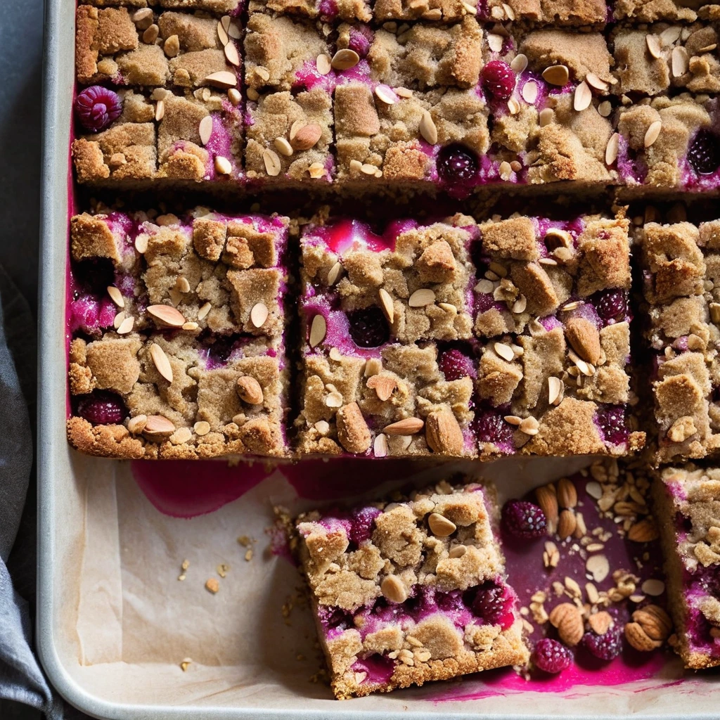 Golden brown bars with a visible layer of ruby red raspberries and a streusel topping in a square baking dish.