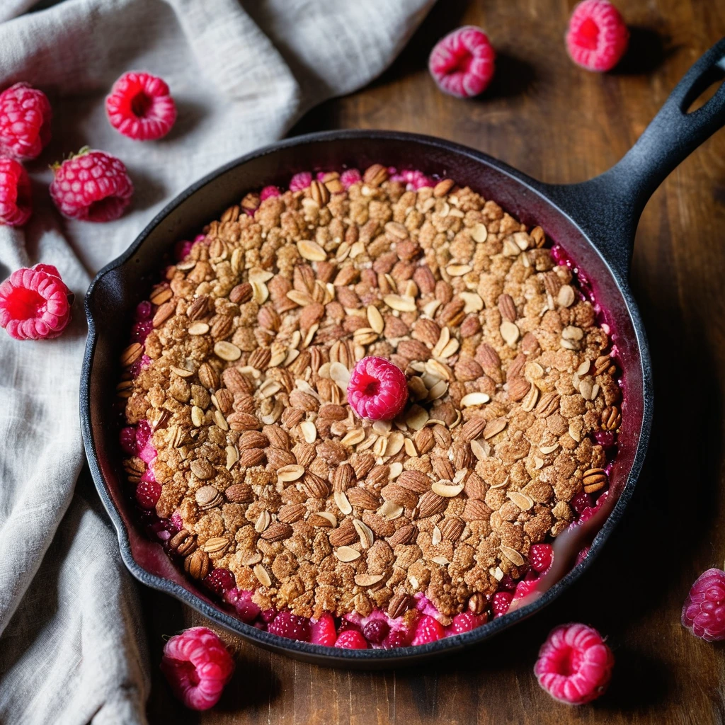 Golden brown crumble topping over vibrant red raspberries in a cast iron skillet