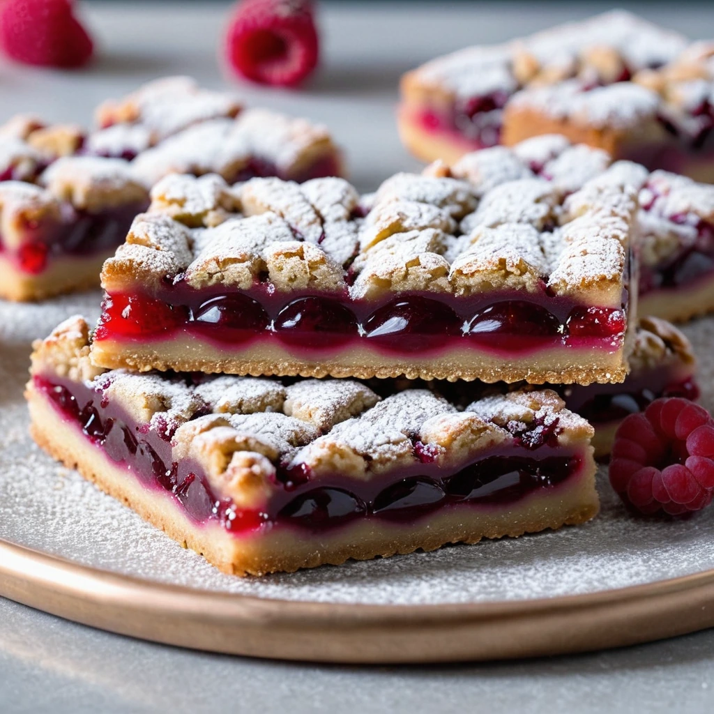 Golden bars with raspberry jam centers and a lattice almond crust top