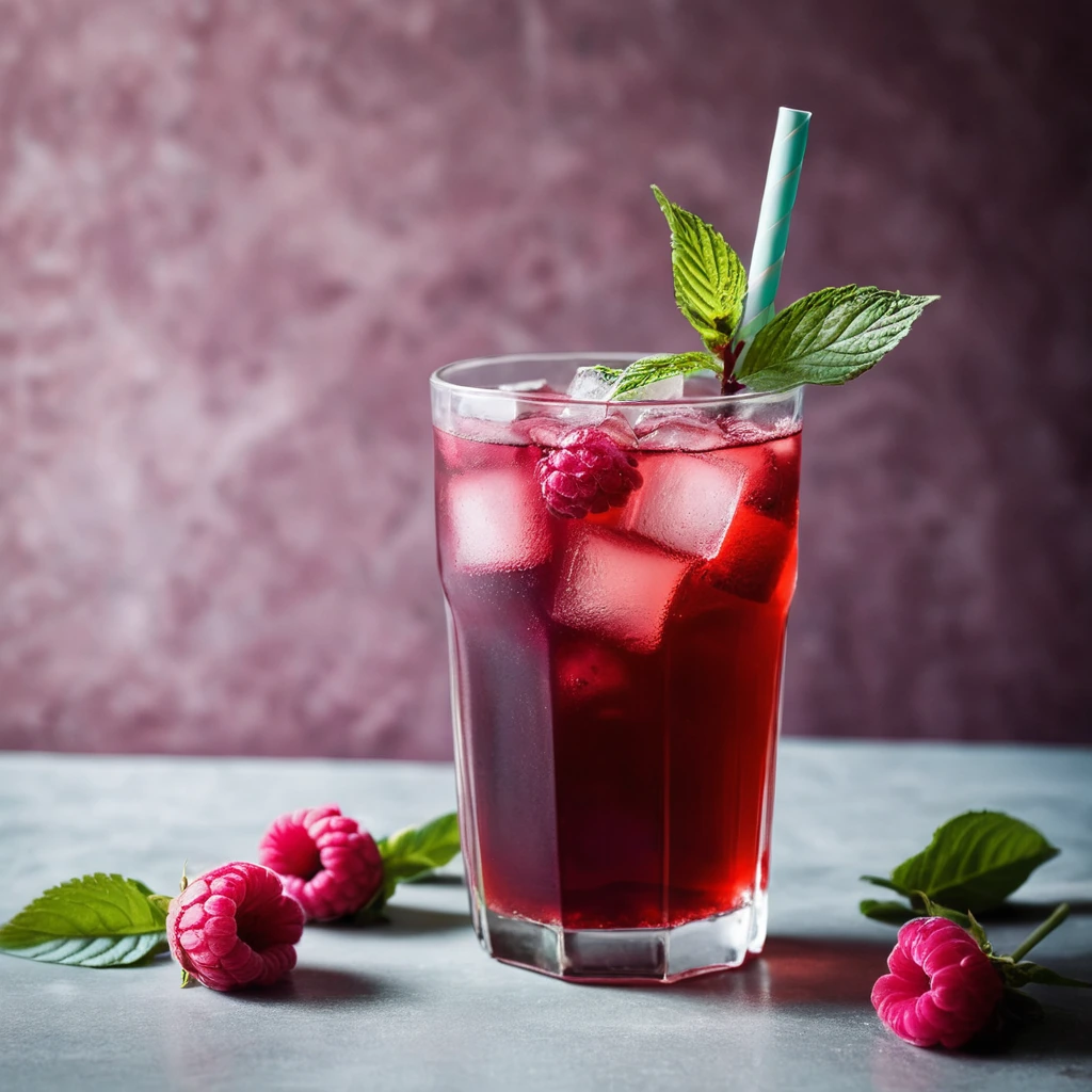 Tall glass of ruby-red iced tea with a few floating raspberry pieces and a sprig of fresh mint.