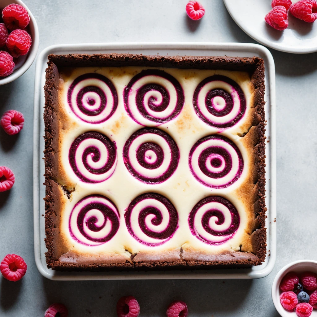Rectangular pan of brownies with swirls of pink raspberry cheesecake, golden crust, and fresh raspberries scattered on top.
