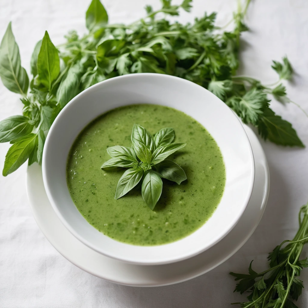 Vibrant green sauce in a shallow white bowl, garnished with sprigs of fresh herbs.