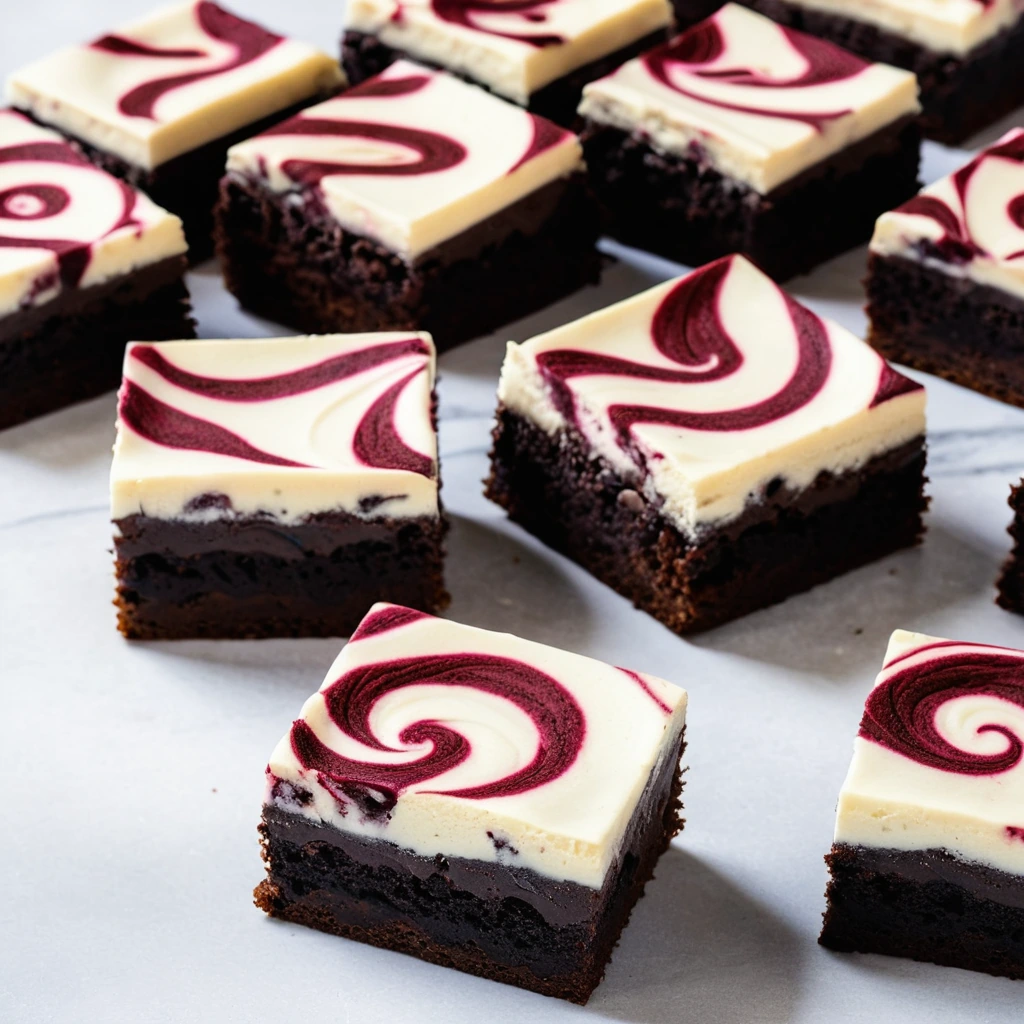 Square brownies with a marbled red and brown pattern, topped with a swirl of cream cheese.