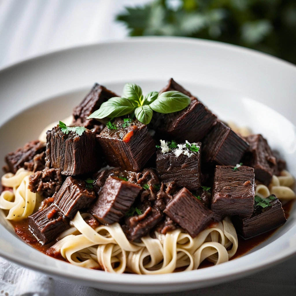 Deep red sauce with tender beef short ribs over a bed of pasta in a shallow bowl, garnished with fresh parsley.