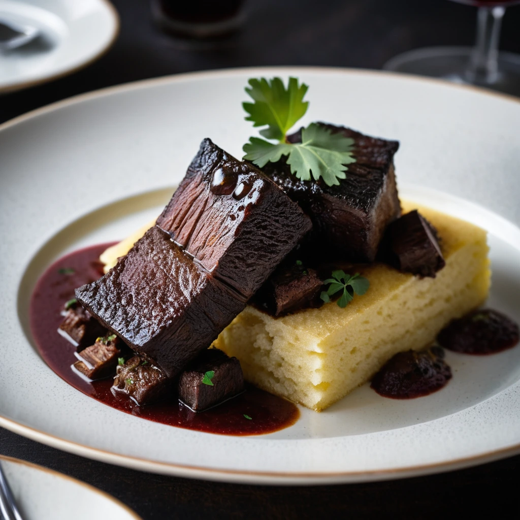 Plated beef short ribs over golden polenta with a glossy red sauce