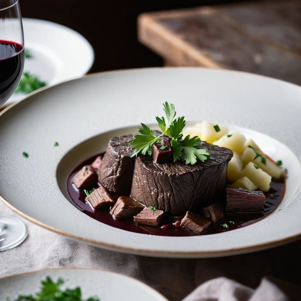 A golden bowl of creamy polenta topped with succulent beef slices, drizzled with dark red wine sauce, garnished with fresh parsley.