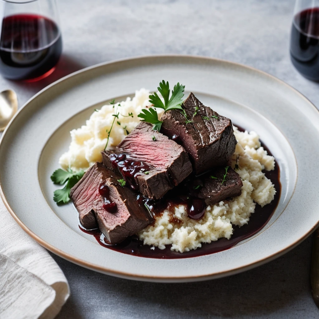 Braised beef slices on a bed of creamy mashed potatoes with a sprinkle of fresh parsley.