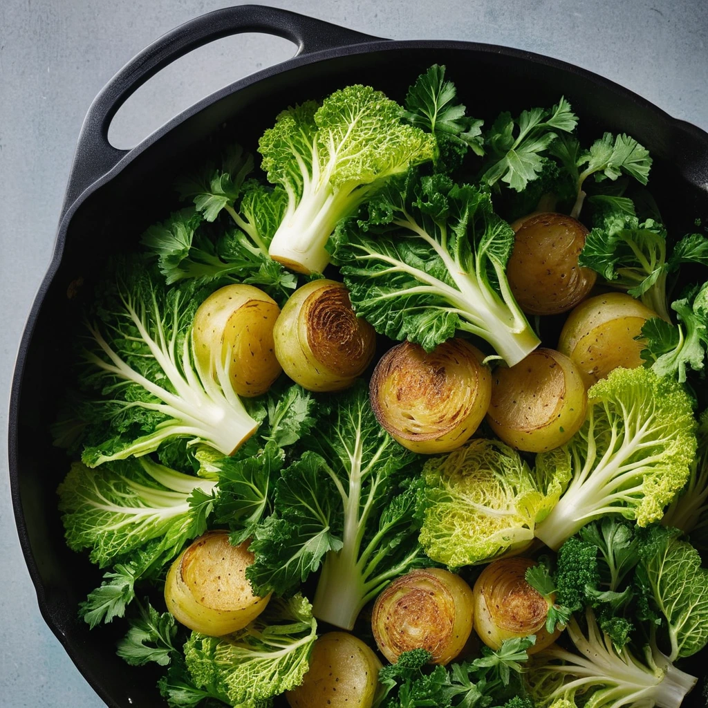 Skillet filled with golden crispy potatoes and vibrant green cabbage, sprinkled with fresh herbs.