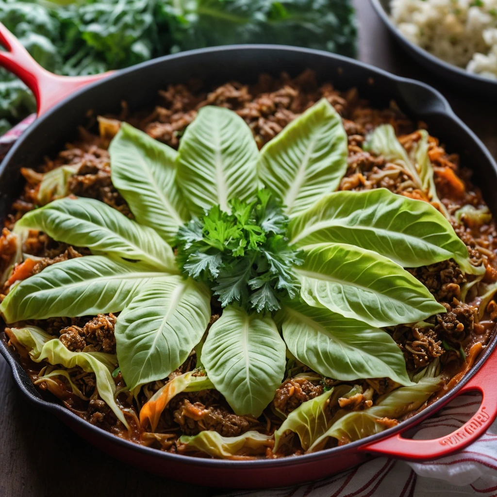 Golden-brown skillet dish with shredded green cabbage, ground beef, and rich tomato sauce, garnished with fresh parsley.