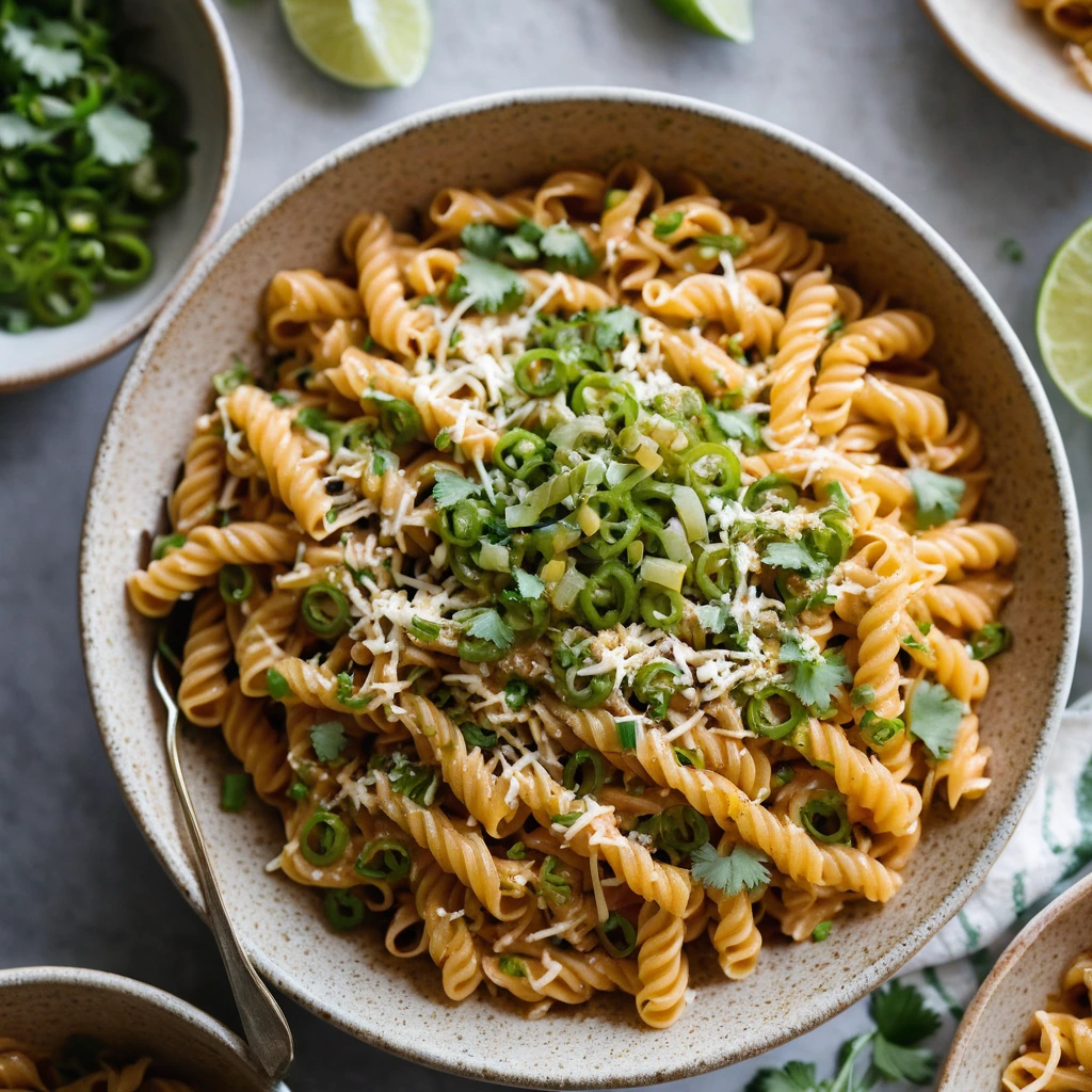 Golden pasta in a bubbly orange-brown sauce, sprinkled with melted cheese and green scallions in a serving bowl.