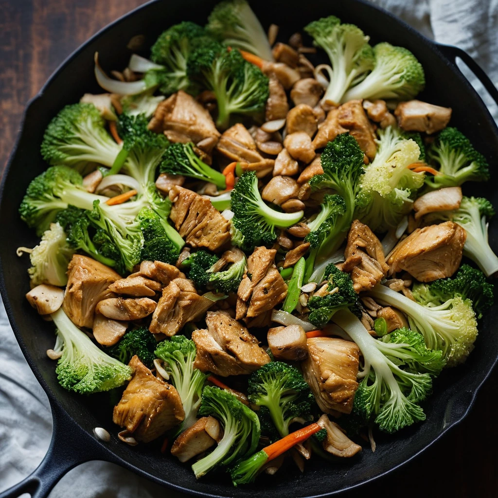 Colorful stir fry in a sizzling skillet with green cabbage and golden chicken chunks.