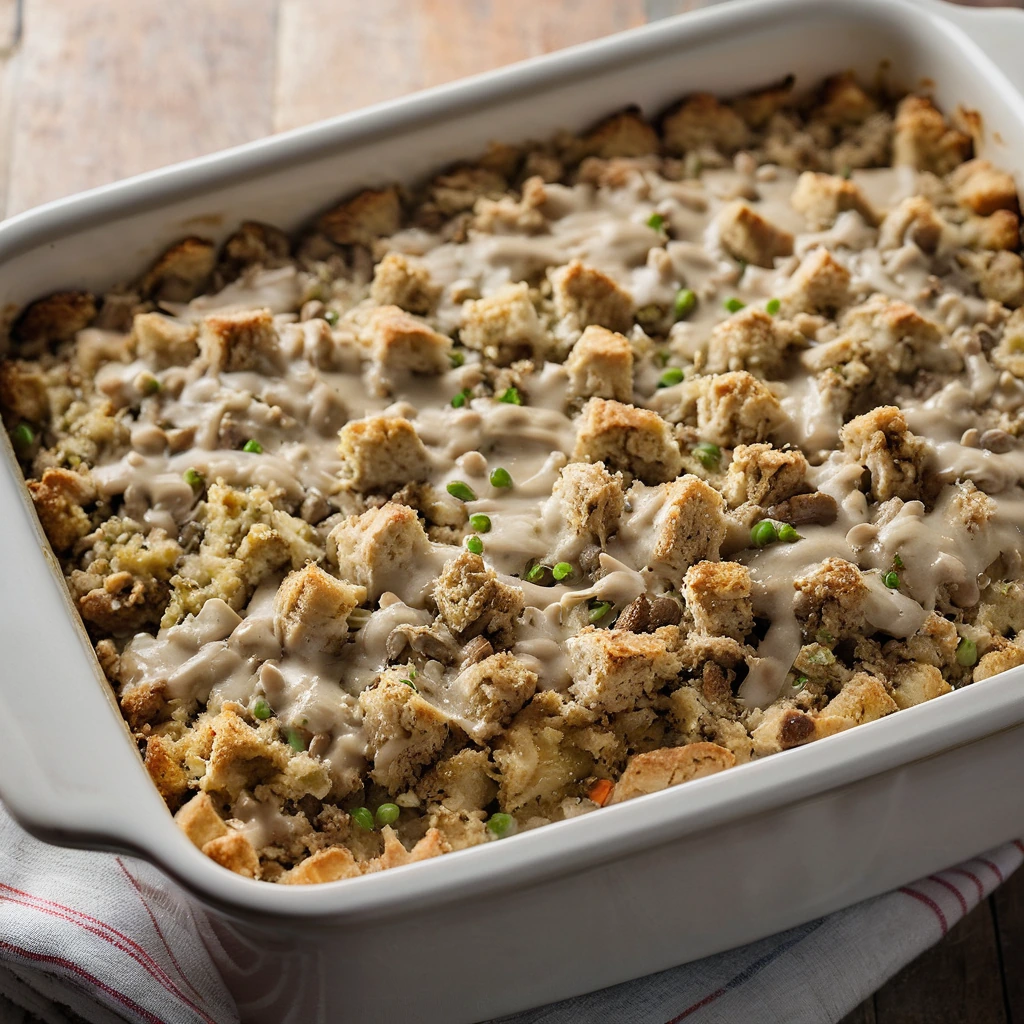 A bubbling casserole dish with layers of chicken and golden-brown stuffing topped with a creamy gravy.