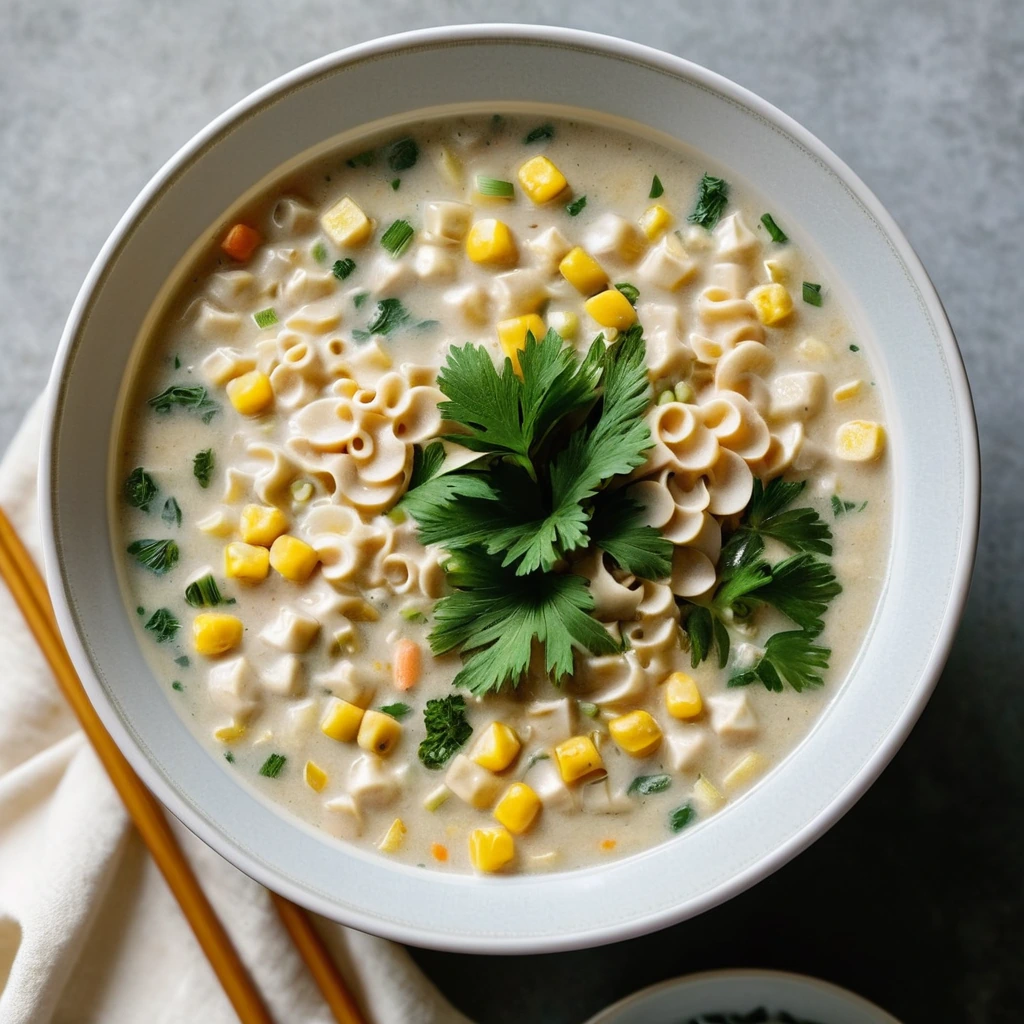 Bowl of creamy chowder with chunks of corn and ramen noodles, garnished with fresh parsley.