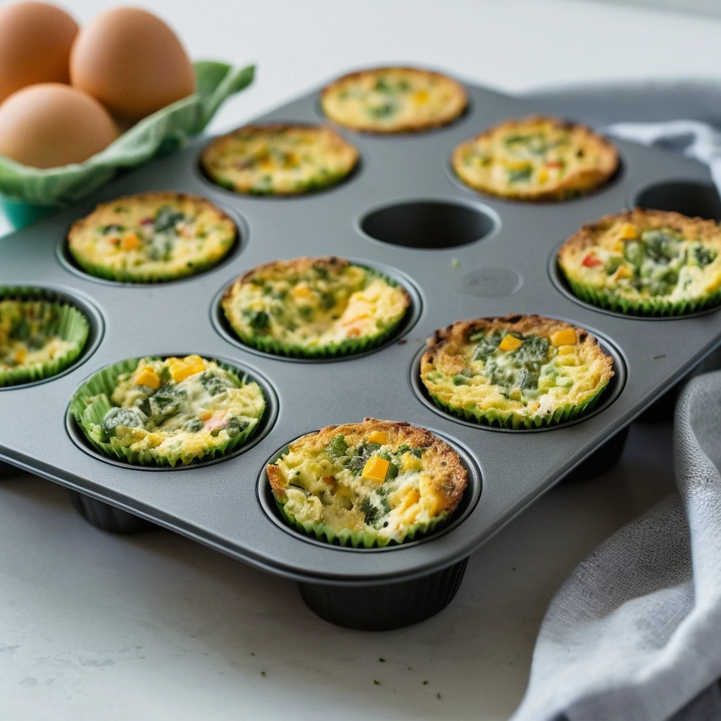 Muffin tin filled with golden egg muffins speckled with green peppers and red onions.