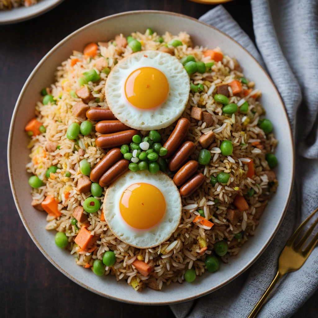 Golden fried rice in a skillet with diced hot dogs, peas, and carrots, topped with a fried egg and green onions.