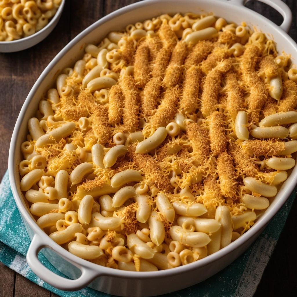 Baked mac and cheese in a casserole dish, golden brown on top with golden hot dog coins scattered throughout.