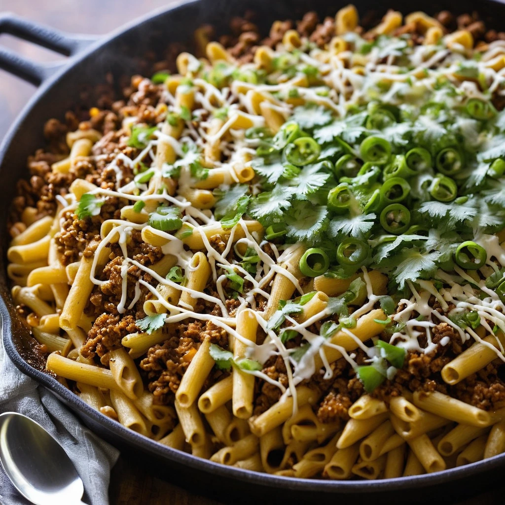 A golden skillet filled with a bubbly, orange-brown mix of macaroni and beef topped with melted cheese and green onions.