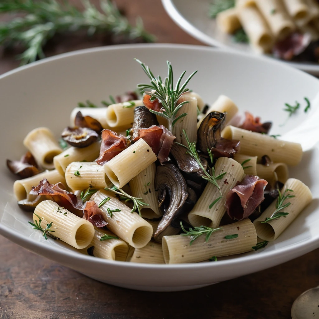 Bowl of rigatoni pasta with mushrooms and crispy prosciutto, sprinkled with fresh rosemary.