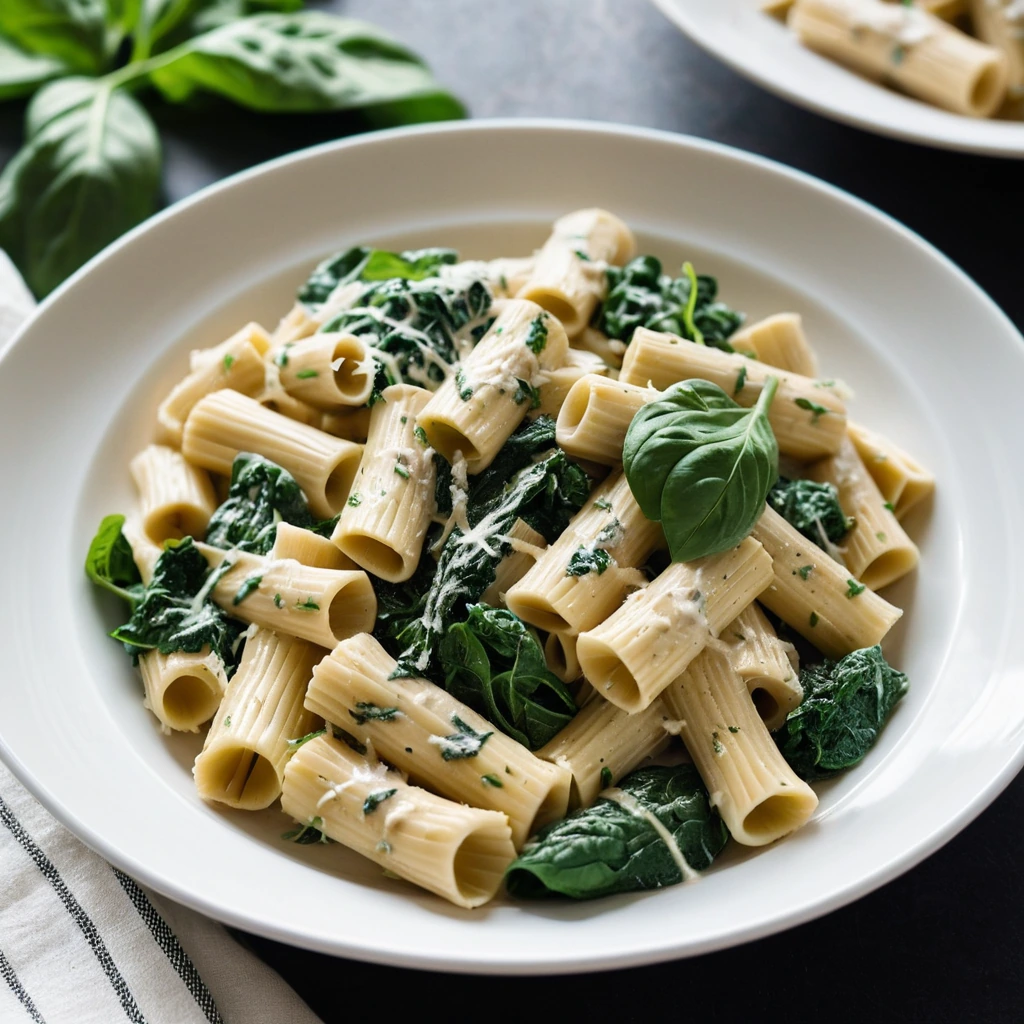 Bowl of creamy white pasta with green spinach leaves and chunks of golden roasted chicken.