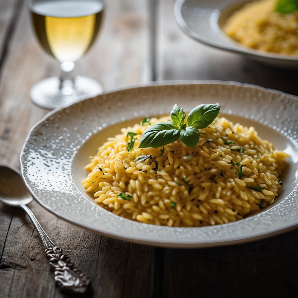 Golden yellow risotto in a shallow bowl, sprinkled with Parmesan, served on a rustic wooden table.
