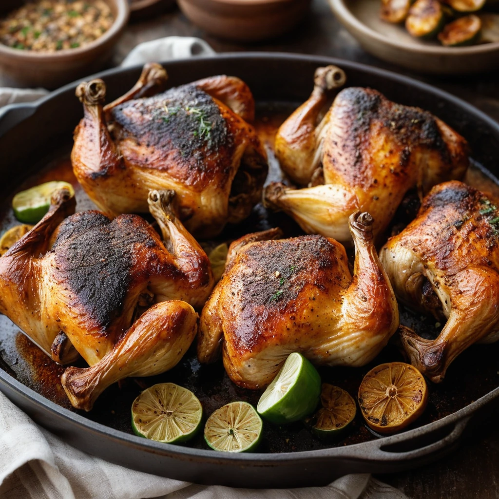 Golden roasted chicken thighs on a baking sheet, sprinkled with paprika and garlic, served on a rustic plate.