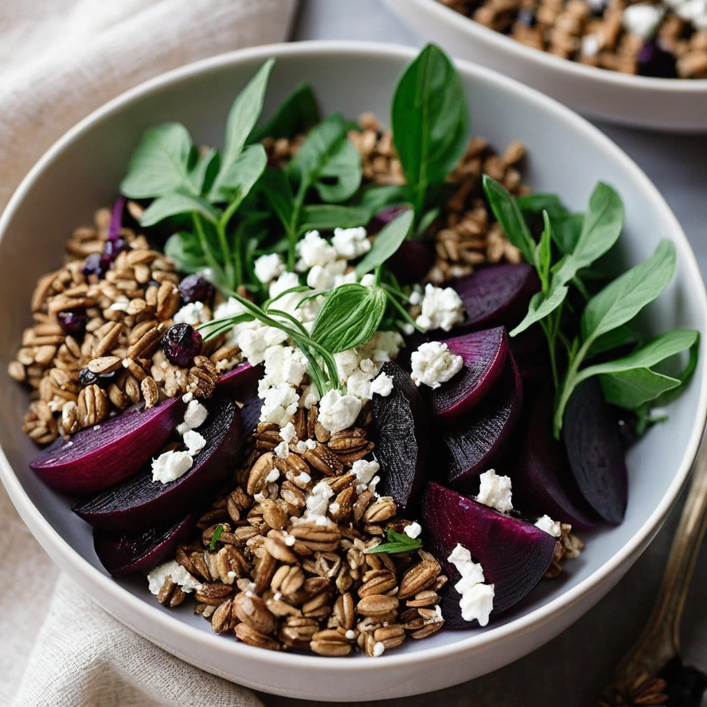 A bowl of golden farro with slices of roasted beets and crumbles of white goat cheese, garnished with fresh herbs.
