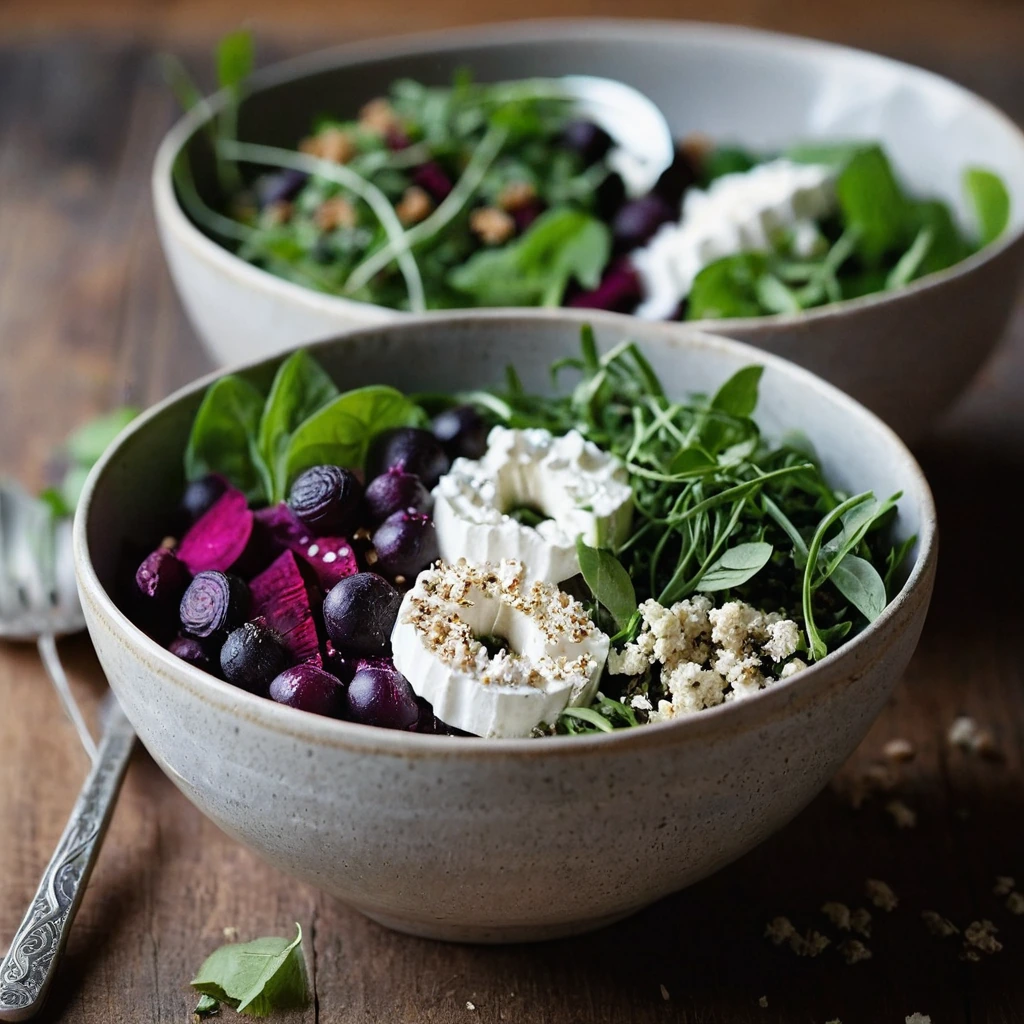 Colorful grain bowls with roasted beets, crumbled goat cheese, and fresh greens arranged on a rustic wooden table.