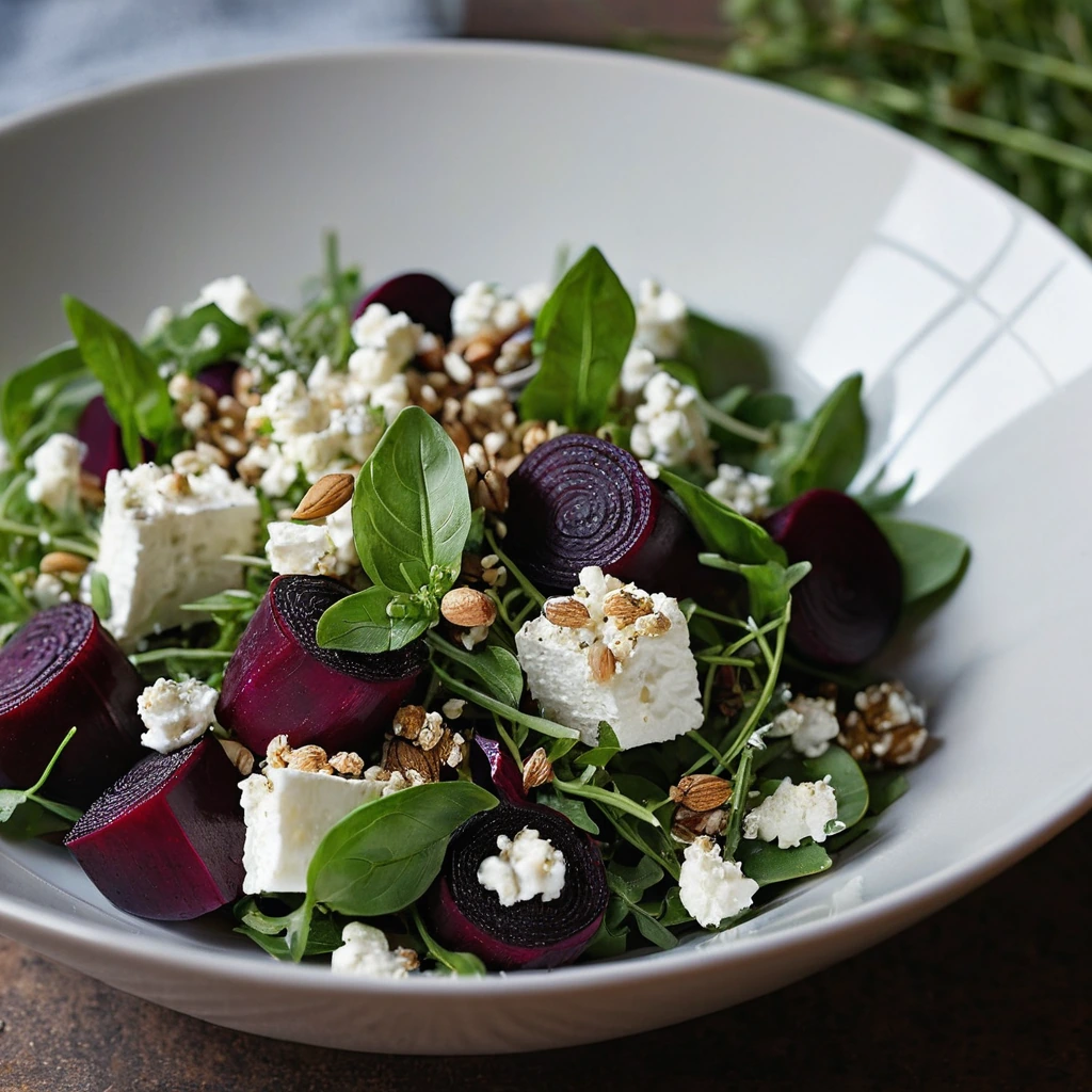 A vibrant bowl of roasted beets, mixed grains, and creamy goat cheese topped with fresh herbs.