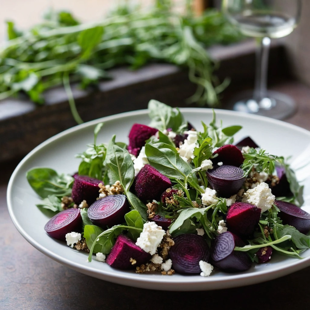Vibrant bowl of roasted beets, fluffy quinoa, and crumbled goat cheese topped with fresh herbs.
