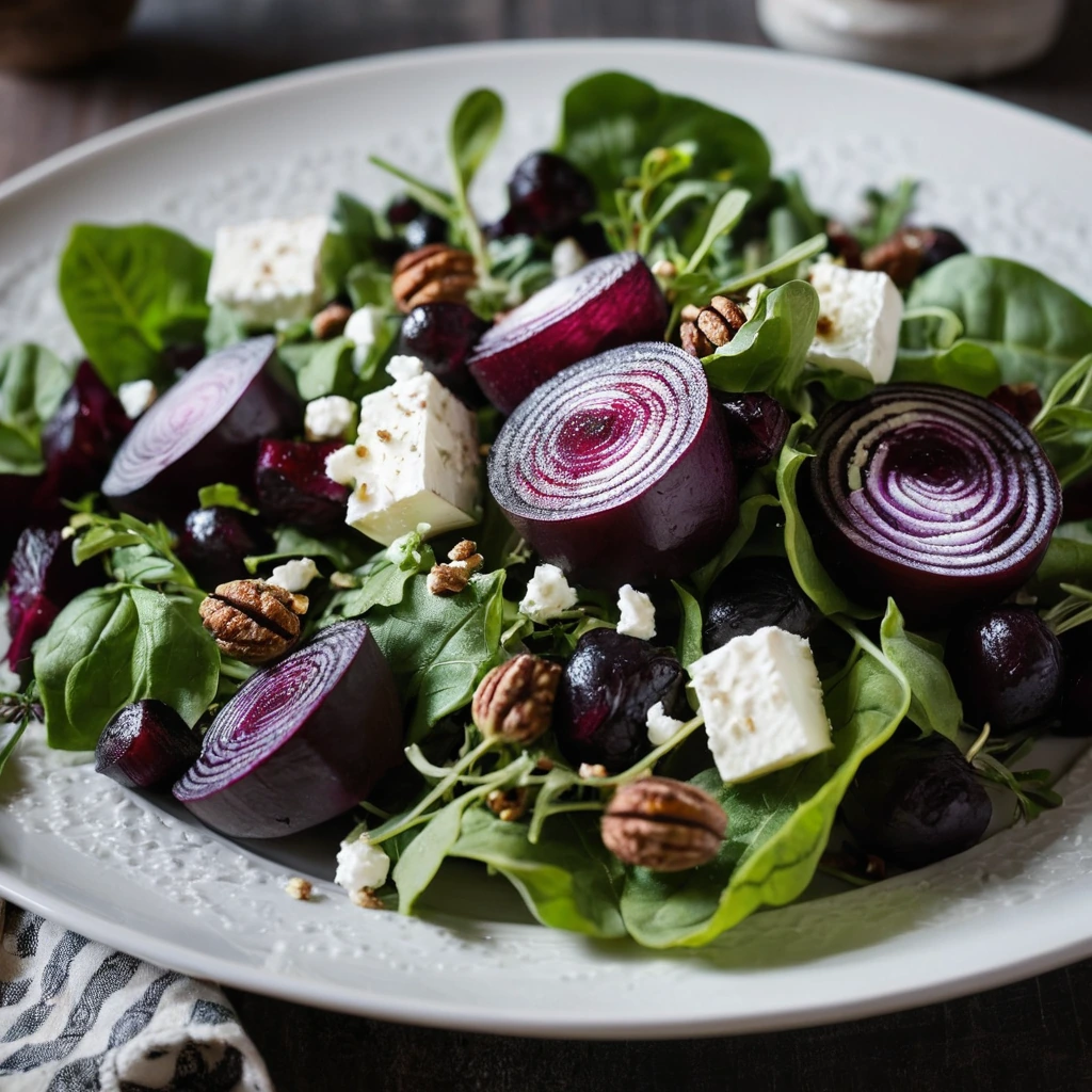 Vibrant roasted beets arranged with crumbled goat cheese on a bed of mixed greens, topped with toasted walnuts.