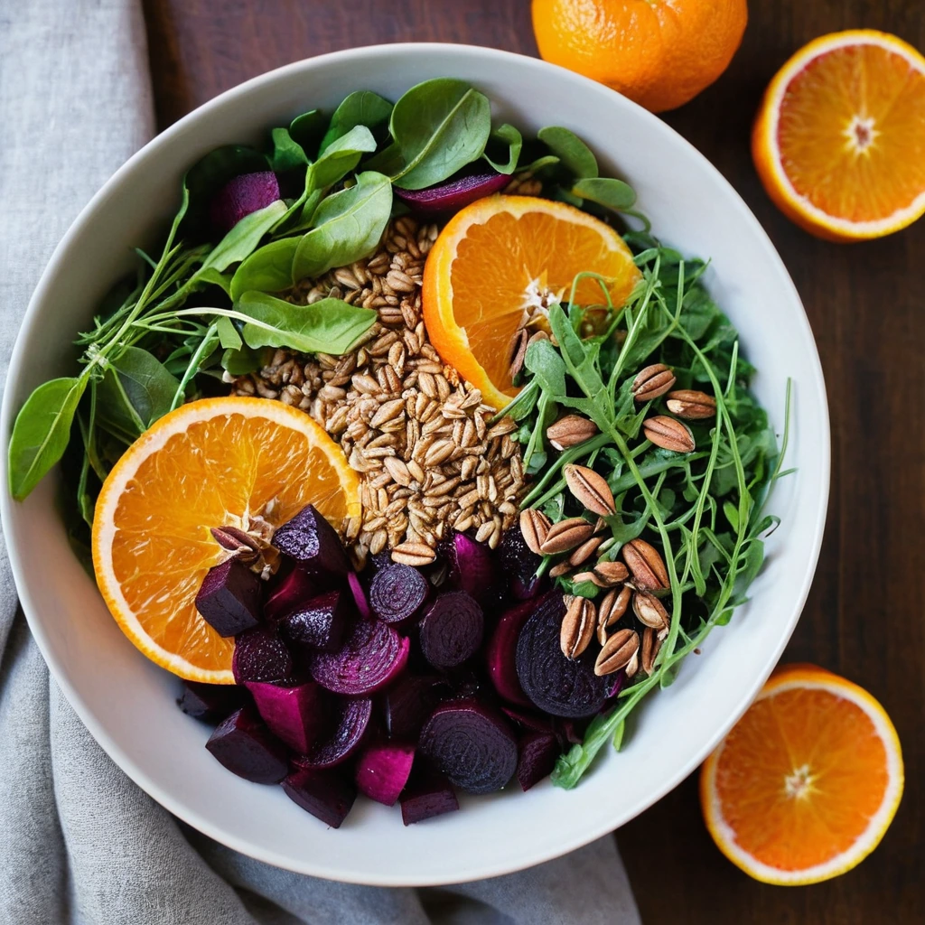 Colorful grain bowl with roasted beets, orange slices, and fresh greens