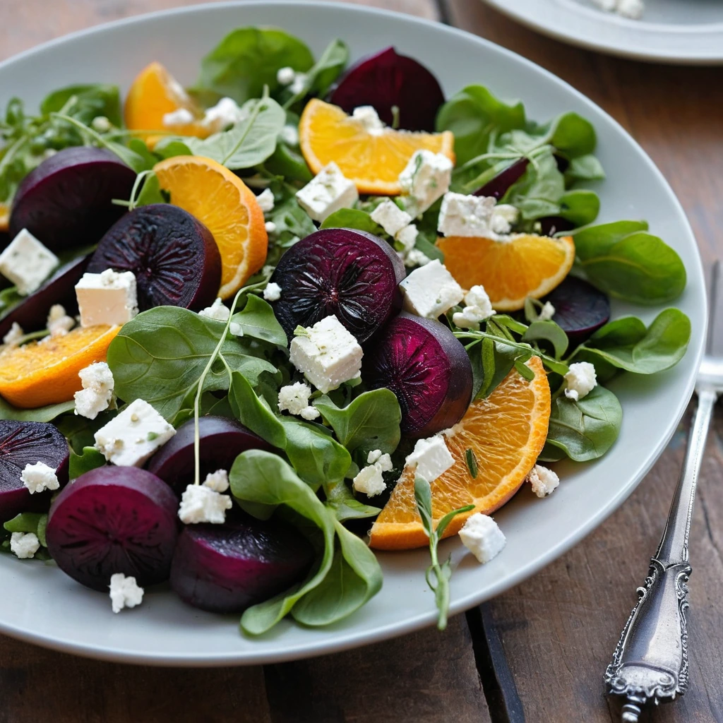 A bowl of roasted beets, orange slices, and crumbled feta cheese, drizzled with a light vinaigrette.