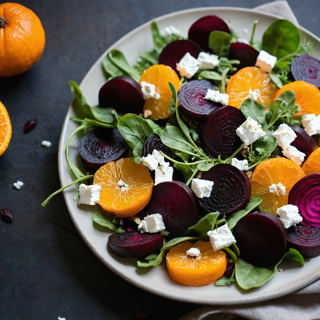 A colorful salad with roasted beets, orange slices, and crumbles of goat cheese arranged on a bed of fresh greens.