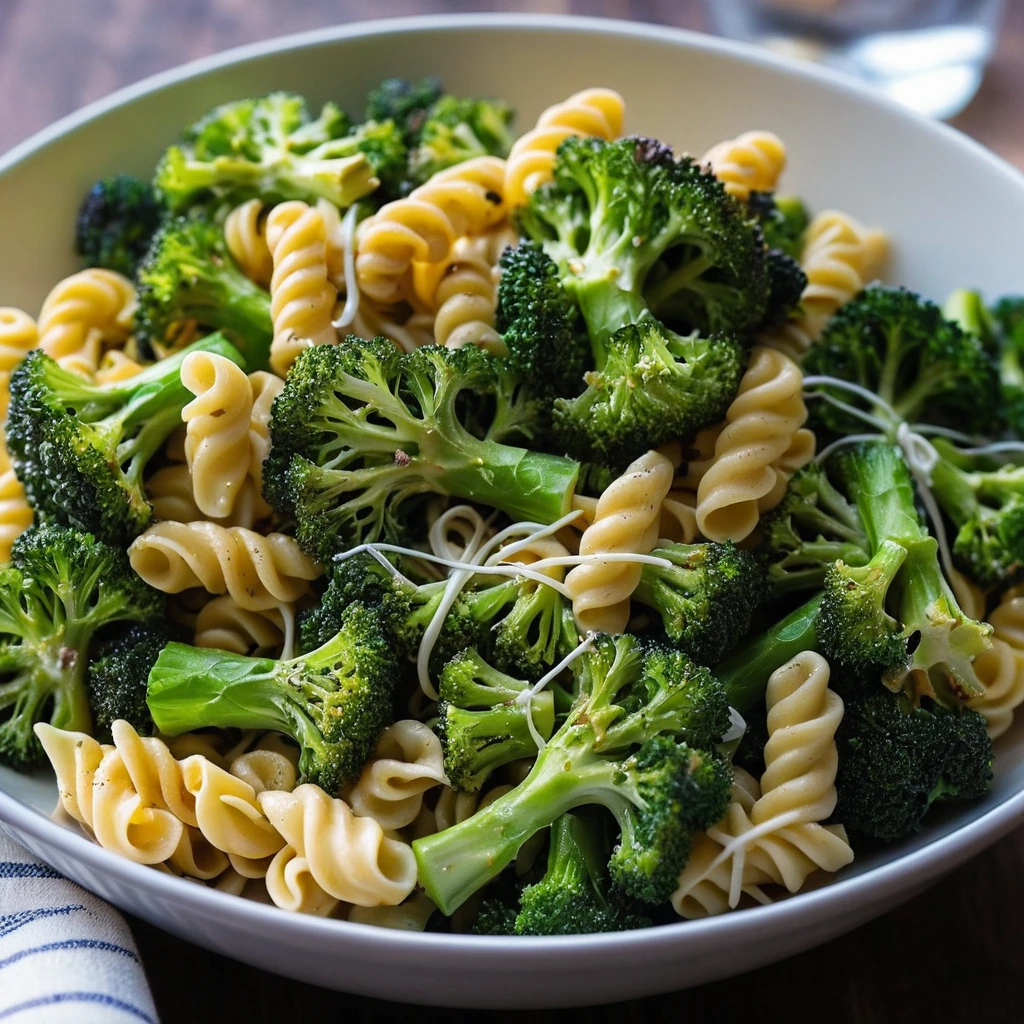 Colorful pasta salad with roasted green broccoli and orange cheddar chunks in a bowl.