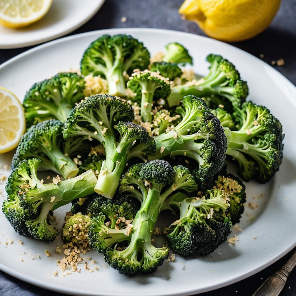 Golden roasted broccoli on a white plate sprinkled with lemon and parmesan crumbs.