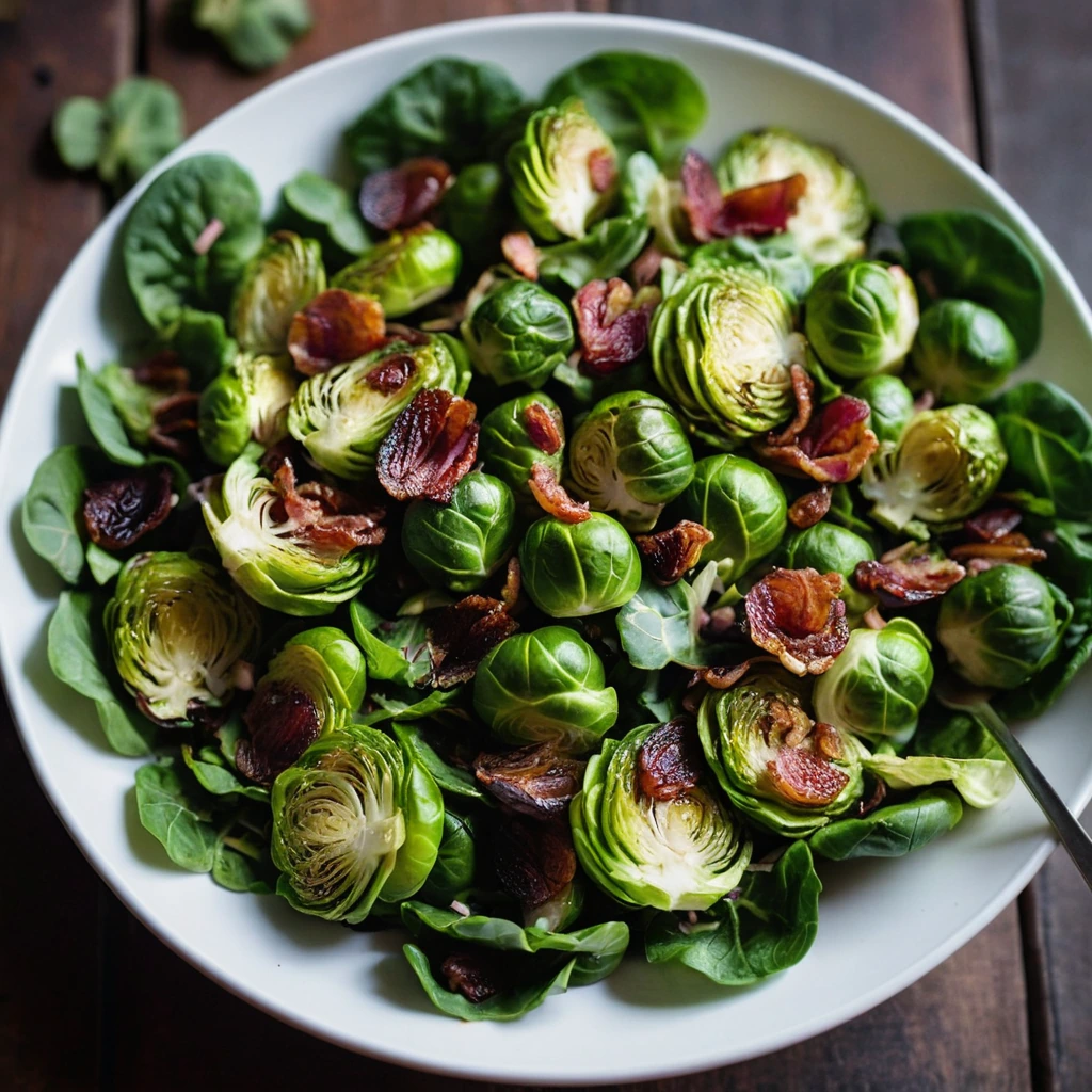 A vibrant green mound of roasted Brussels sprouts topped with crispy bacon, sprinkled with red onion and drizzled with vinaigrette.