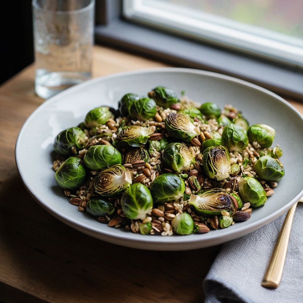Golden roasted brussels sprouts nestled in a bed of chewy farro, sprinkled with fresh herbs.