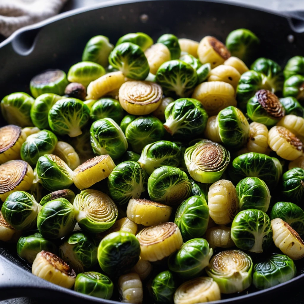 Golden roasted brussels sprouts and soft gnocchi in a skillet with a sprinkle of parmesan