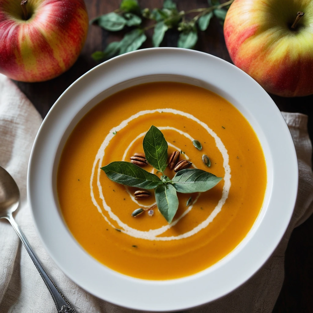 Creamy orange soup in a white bowl, garnished with fresh thyme sprigs and a drizzle of olive oil.