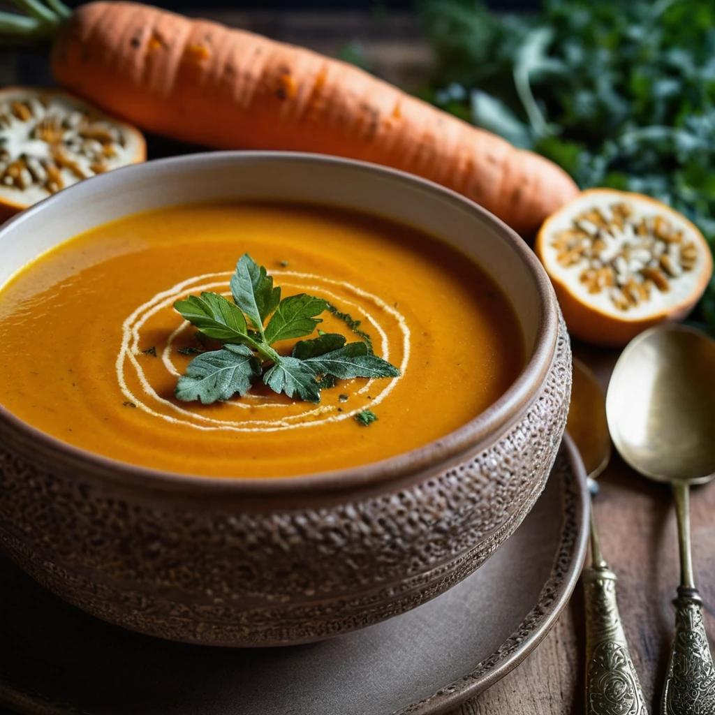 Golden orange soup in a rustic bowl, garnished with fresh parsley.