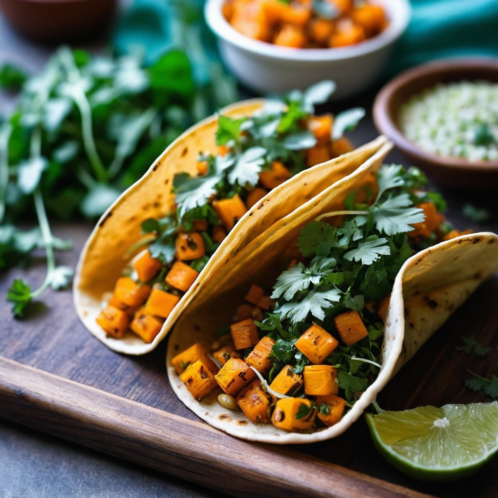 Golden brown tacos filled with vibrant orange roasted butternut squash and green herbs on a rustic wooden board.