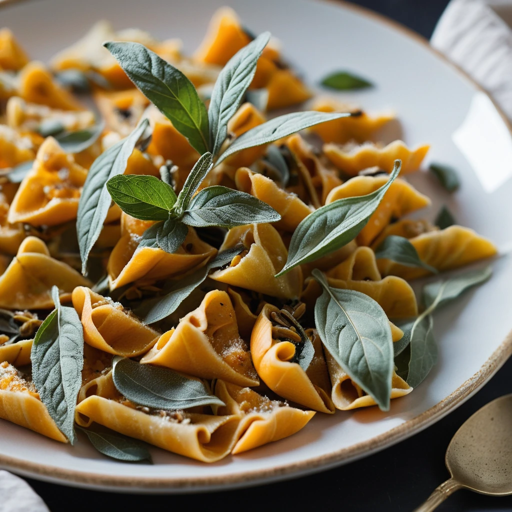 A plate of golden farfalle pasta topped with roasted butternut squash cubes and fresh sage leaves.