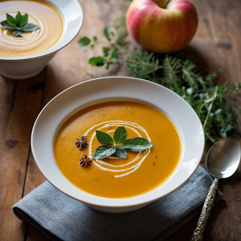 Creamy orange soup in a rustic bowl garnished with fresh thyme leaves.