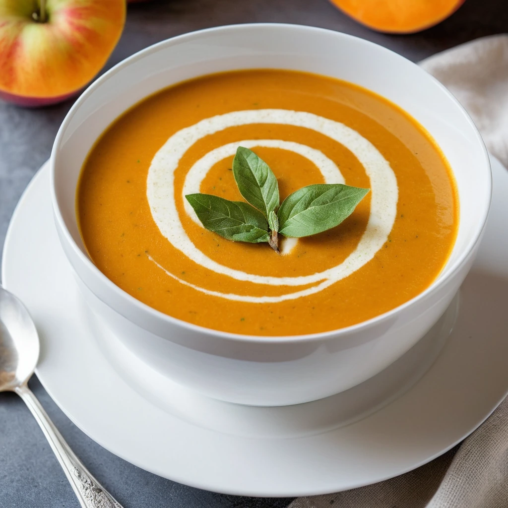 Creamy orange bisque in a white bowl, topped with apple slices and fresh thyme sprigs.
