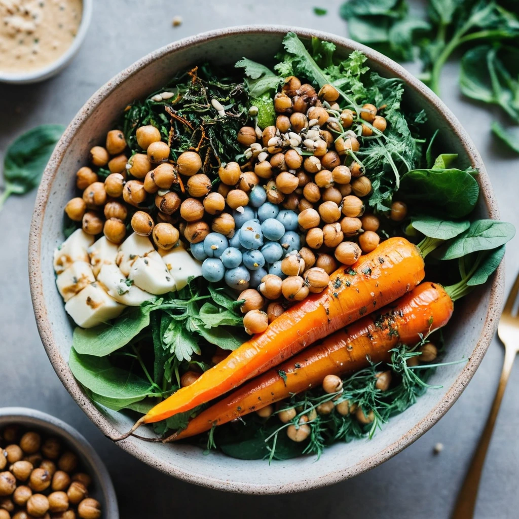 Colorful bowl with roasted orange carrots, chickpeas, greens, and a drizzle of tahini dressing.