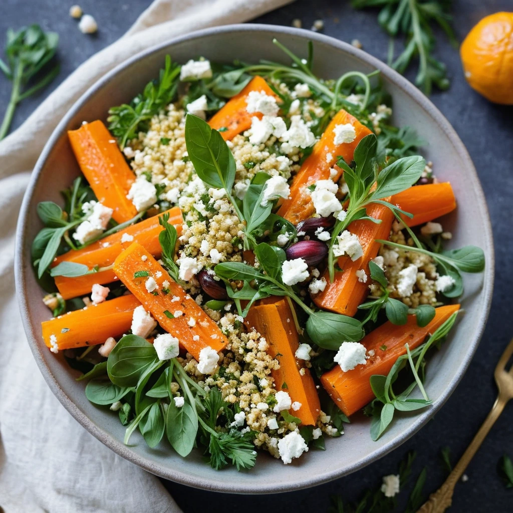 Colorful roasted orange carrots, green herbs, and white feta cheese atop golden couscous in a shallow bowl.