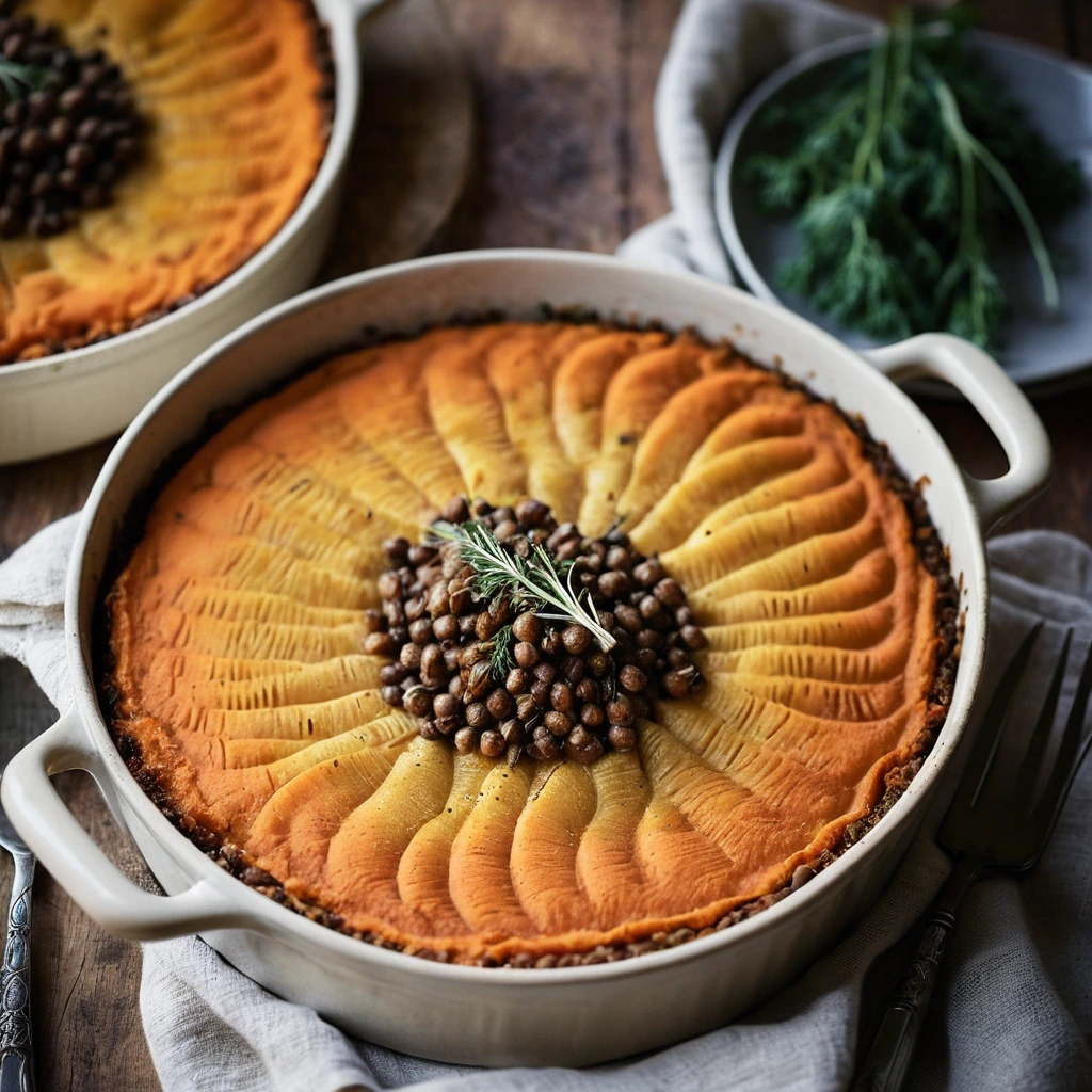 Golden mashed potato topping with roasted carrots and lentils in a rustic pie dish.